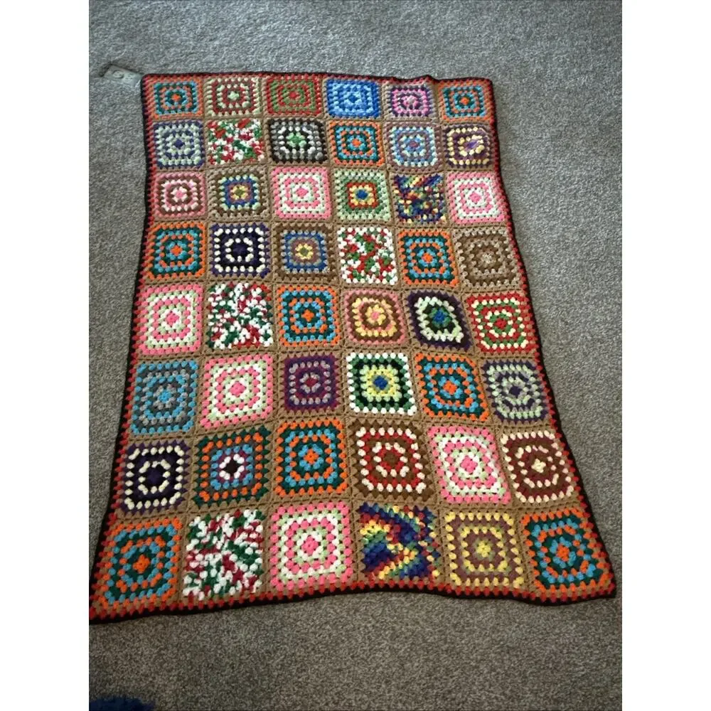 Crochet Granny square afghan blanket vintage 59” By 43” Colorful Couch Cover
